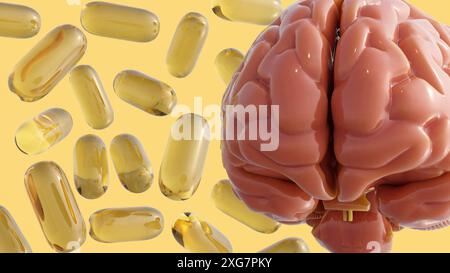 Rendu 3D des capsules de vitamine B et un cerveau humain. Les vitamines B jouent un rôle crucial dans la fonction cognitive et le soutien du système nerveux. Banque D'Images