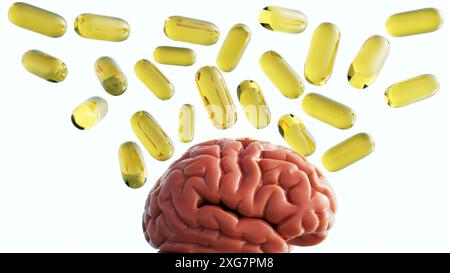 Rendu 3D des capsules de vitamine B et un cerveau humain. Les vitamines B jouent un rôle crucial dans la fonction cognitive et le soutien du système nerveux. Banque D'Images