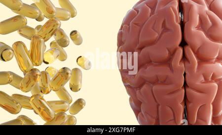 Rendu 3D des capsules de vitamine B et un cerveau humain. Les vitamines B jouent un rôle crucial dans la fonction cognitive et le soutien du système nerveux. Banque D'Images