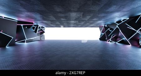 Tunnel en béton moderne avec des néons et des formes géométriques 3d rendu illustration Banque D'Images