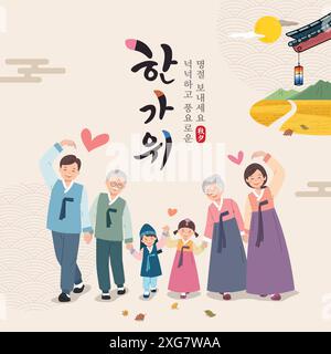 Conception coréenne de l'événement Thanksgiving. Une grande famille passe un bon moment en portant le hanbok traditionnel dans leur ville natale. Illustration de Vecteur