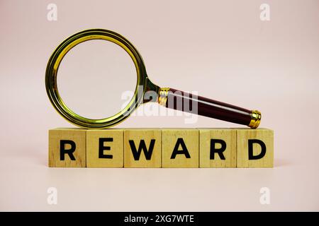 Récompense avec des blocs en bois lettres de l'alphabet et loupe sur fond rose Banque D'Images