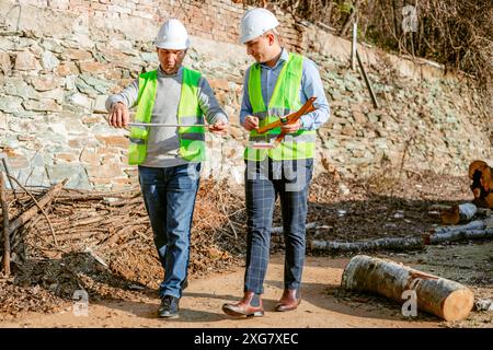 Deux hommes portant des casques de sécurité et des gilets de sécurité traversent une clairière forestière. L'homme à droite tient un mètre ruban, tandis que l'homme à gauche Banque D'Images