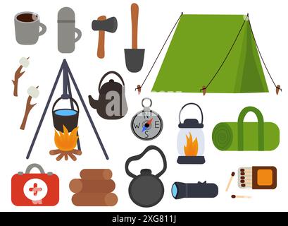 Ensemble d'équipements de sortie. Équipements de camping. Cartoon voyage trekking outil de scouts, voyage d'aventure de matériel de randonnée. Collection vacances d'été. Objets de camp Illustration de Vecteur