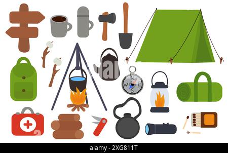 Ensemble d'équipements de sortie. Équipements de camping. Cartoon voyage trekking outil de scouts, voyage d'aventure de matériel de randonnée. Collection vacances d'été. Objets de camp Illustration de Vecteur