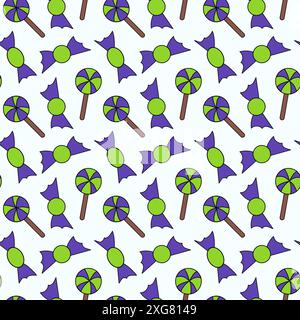 Modèle sans couture avec bonbons et sucettes d'Halloween verts et violets. Illustration vectorielle plate. Illustration de Vecteur