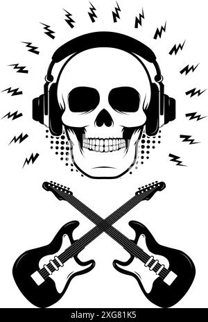 Crâne dans un casque avec deux guitares croisées sur fond grunge. Élément de design pour affiche, t-shirt imprimé, emblème, badge, signe. Illustration de Vecteur