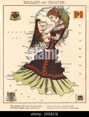 Une carte cartographique des pays-Bas et de la Belgique de la seconde moitié du XIXe siècle mettant en vedette Dame Holland et Master Belgium. Conçu et peint par Elizabeth Lilian Lancaster (1852-1939), artiste amateur qui a créé une série de cartes humoristiques des pays européens. Banque D'Images