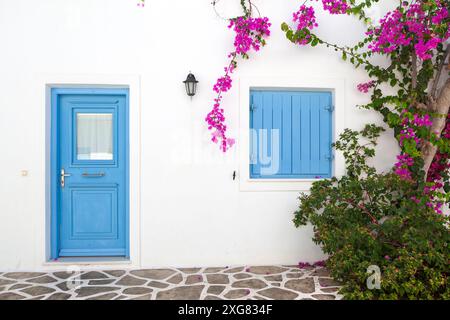 Charmante scène d'une maison grecque traditionnelle sur l'île d'Antiparos, avec une porte et une fenêtre bleues vives entourées de bougainvillaea en fleurs. Banque D'Images