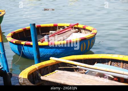 Les touristes se joignent à la promenade en bateau de panier de forêt de noix de coco à Hoi an, vietnam. le bateau bsaket également appelé coracle vietnamien, est l'un des petits locaux arrondis Banque D'Images