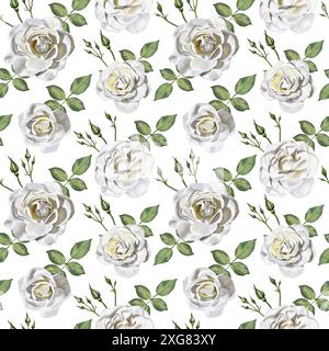 Motif de roses blanches, bourgeons et feuilles. Arrangements floraux. Fleurs blanches et nuances jaunes. Illustration aquarelle. Banque D'Images