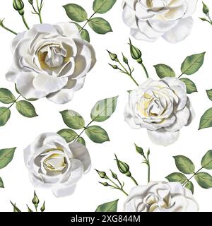 Motif de roses blanches, bourgeons et feuilles. Arrangements floraux. Fleurs blanches et nuances jaunes. Illustration aquarelle. Banque D'Images