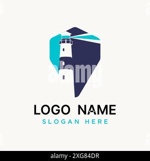 Conception de logo concept graphique créatif premium vecteur stock badge pilier maison de lumière avec rayons bateau plage île bâtiment lié marin drakness lumineux Illustration de Vecteur