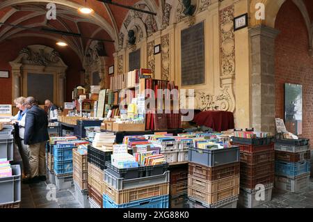 Vieille Bourse - marché du livre d'occasion dans la cour intérieure de l'ancienne Bourse de Lille avec ses fresques Renaissance, France Banque D'Images