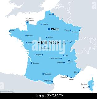 France métropolitaine, carte politique avec Paris capitale. Zone de la France européenne, qui est géographiquement en Europe. Banque D'Images