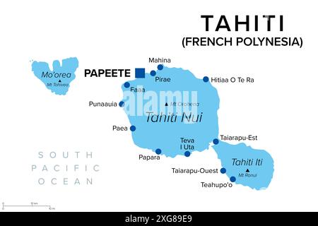 Tahiti, Polynésie française, carte politique. La plus grande île du groupe Windward des îles de la Société, avec la capitale Papeete. Collectivité d'outre-mer de France. Banque D'Images