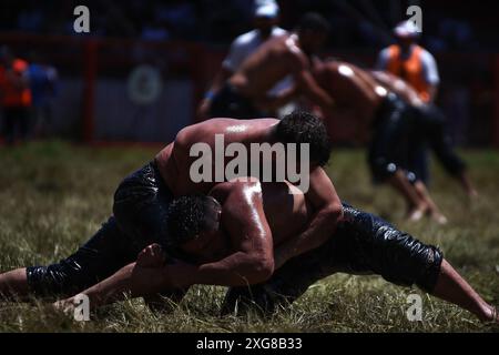 Edirne, Istanbul, Turquie. 7 juillet 2024. Les lutteurs concourent lors du 663e championnat annuel de lutte pétrolière historique Kirkpinar, à Edirne, dans le nord-ouest de la Turquie, le festival fait partie de la liste des patrimoines culturels immatériels de l'UNESCO. (Crédit image : © Shady Alassar/ZUMA Press Wire) USAGE ÉDITORIAL SEULEMENT! Non destiné à UN USAGE commercial ! Crédit : ZUMA Press, Inc/Alamy Live News Banque D'Images