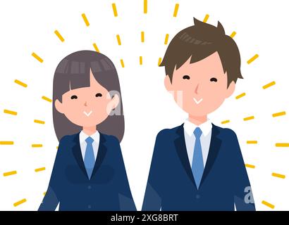 Étudiants hommes et femmes portant des blazers bleu marine. Un sourire paisible et heureux. Illustration de Vecteur