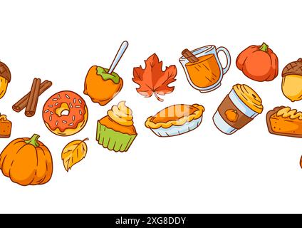 Articles d'automne et modèle de nourriture. Joyeux Thanksgiving et symboles traditionnels d'Halloween. Illustration de Vecteur
