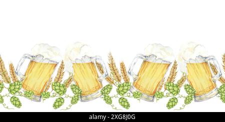 Tasses à bière avec des sommets mousseux entourés de houblon, d'orge et de bordure sans couture d'aquarelle de blé. Clipart de style rustique pour les flyers du festival de la bière, les bannières de pub et les invitations Oktoberfest Banque D'Images