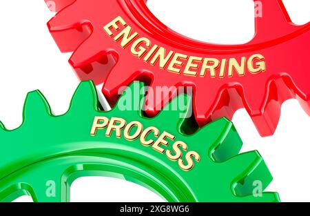 Concept de processus d'ingénierie avec roues dentées colorées. Rendu 3D isolé sur fond blanc Banque D'Images
