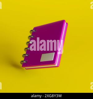 Rendu 3D d'un carnet à spirale rose avec une étiquette métallique sur la couverture, fond jaune isolé. Idéal pour la rentrée scolaire et les fournitures de bureau. Banque D'Images