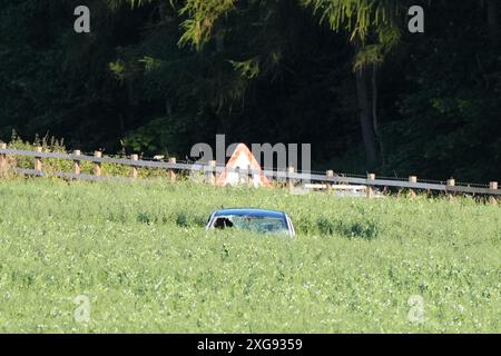 Services d'urgence par un champ par l'autoroute M9 près de Stirling par une voiture dans un champ. Un homme est mort après que la voiture est sortie de l'autoroute et a descendu un talus après une poursuite policière. Le Vauxhall Corsa blanc voyageait vers le sud sur la M9 entre les jonctions 8 et 9 quand il s'est écrasé vers 11 h 50 dimanche, a déclaré police Scotland. Date de la photo : dimanche 7 juillet 2024. Banque D'Images