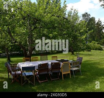 table avec nappe et chaises dans le jardin sous un pommier par une journée ensoleillée en été Banque D'Images