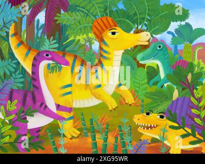 scène de dessin animé avec des dinosaures préhistoriques heureux vivant dans l'illustration de la forêt de jungle pour les enfants Banque D'Images