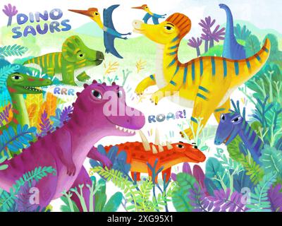 scène de dessin animé avec des dinosaures préhistoriques heureux vivant dans l'illustration de la forêt de jungle pour les enfants Banque D'Images