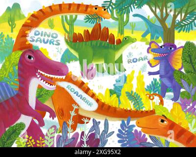 scène de dessin animé avec des dinosaures préhistoriques heureux vivant dans l'illustration de la forêt de jungle pour les enfants Banque D'Images