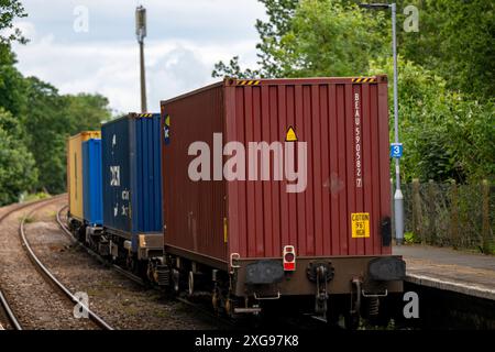 Conteneur maritime super lourd sur son chemin vers le port de Felixstowe par chemin de fer, Westerfield, Ipswich, Suffolk. Banque D'Images