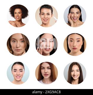 Beaucoup de belles femmes de différentes races et âges. Collage de portraits Banque D'Images