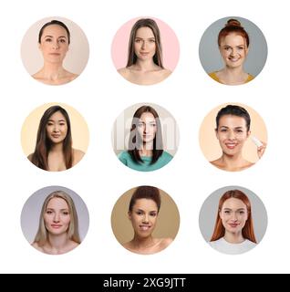 Beaucoup de belles femmes de différentes races et âges. Collage de portraits Banque D'Images