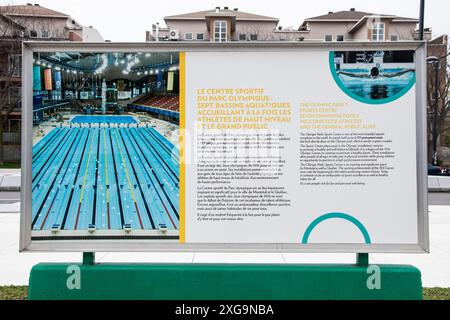 Panneau des piscines du centre sportif du stade olympique à Montréal, Québec, Canada Banque D'Images