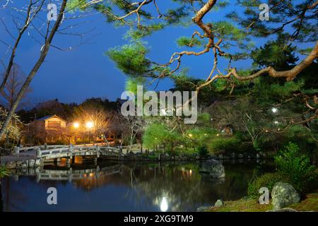 Vue nocturne du jardin traditionnel du parc Maruyama à Kyoto, Japon Banque D'Images