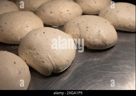 Gros plan de petits pains de pâte faits maison pour les côtelettes sur une plaque de cuisson. Morceaux de pâte pour pains à hamburger Banque D'Images