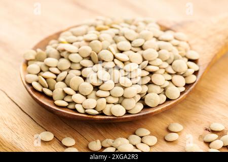 Lentille crue (Lens culinaris) sur cuillère en bois sur table. Banque D'Images