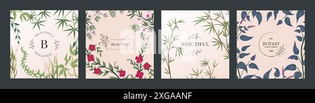 Ensemble affiche florale. Cadre avec espace de copie. Motif botanique de fleurs et de feuilles tropicales. Design d'invitation de mariage printemps-été. Fond carré. Publication, carte ou couverture sur les médias sociaux. Illustration vectorielle Illustration de Vecteur