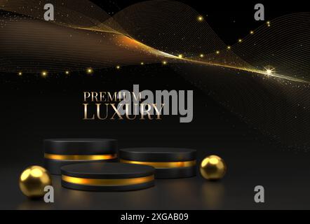 Podium d'or. Stade doré, affichage de produit noir, plate-forme sombre dans les ondes lumineuses, scène de présentation ou étape. Promotion sur les produits de luxe. Toile de fond de bannière. Design minimaliste. Arrière-plan vectoriel Illustration de Vecteur