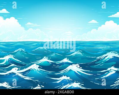 Surface de la mer. Vagues océaniques. Ondulation d'eau. Paysage marin. Nuages de ciel. Paysage bleu avec texture de profondeur de paysage marin pour les voyages d'été. Aqua Stormy Splash. Horizon panoramique. Fond de bord de mer vectoriel Illustration de Vecteur