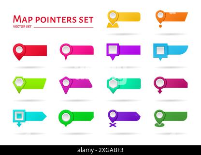 Broches de carte. Icônes de marqueur de texte. Pointeur de bannière pour le titre ou l'étiquette. Balise de point de navigation. Flèche bullet. Bouton emplacement. Position de déplacement. DROP GPS. Symbole de couleur de destination. Placer le repère. Ensemble de conception vectorielle Illustration de Vecteur
