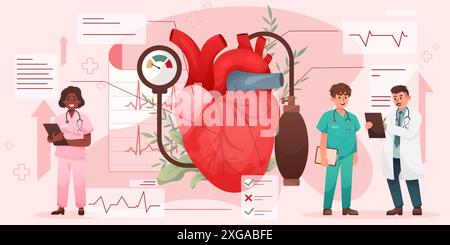 Santé cardiaque. Contrôle médical par le médecin. Traitement hospitalier. Les maladies cardiaques. Recherches sur les organes du corps des patients. Pouls cardiaque du cardiogramme. Diagnostic médical. Le pulsimètre des cardiologues. Concept de vecteur Illustration de Vecteur