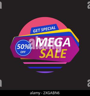 Mega sale. Étiquette d'offre spéciale. 50 remise actuelle. Emblème ou badge dans un style géométrique coloré minimal. Icône de promotion de produit. Conception marketing. Autocollant isolé. Illustration vectorielle publicitaire Illustration de Vecteur