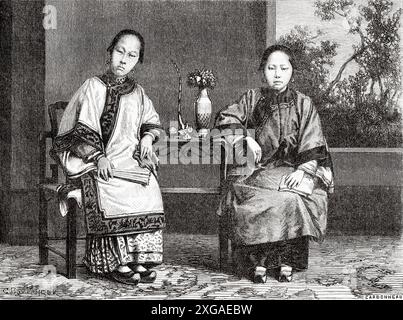 Femmes chinoises, épouses de commerçants, San Francisco, Californie. Etats-Unis d'Amérique, dessin de Gustave Boulanger (1824-1888) voyage en Californie, 1859 de Louis Laurent Simonin (1830 - 1886) le Tour du monde 1862 Banque D'Images