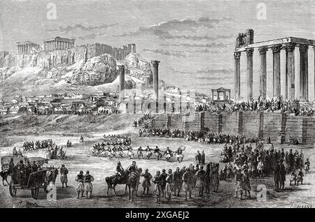 Célébration du Carême au Temple de Zeus Olympien, Athènes, Grèce, dessin de Proust d'Un hiver à Athènes, 1857-1858 par Antonin Proust (1832-1905) le Tour du monde 1862 Banque D'Images