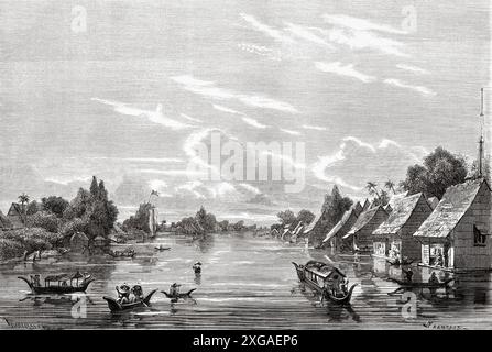 Banjarmasin dans les années 1850 Île de Bornéo, Malaisie, dessin de Louis Francais (1814-1897) voyage à l'île de Bornéo, 1847 de Carl Schwaner (1817-1851) le Tour du monde 1862 Banque D'Images