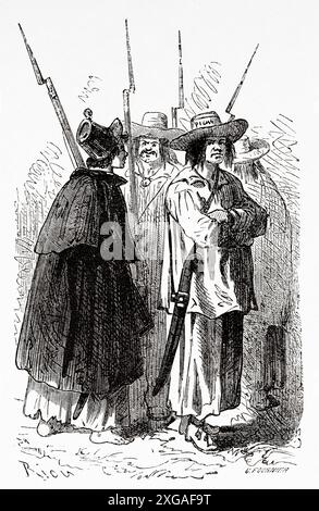 Soldats mexicains du XIXe siècle vêtus de costumes typiques de l'époque, Mexico, dessin d'Edouard Riou (1833-1900) voyage au Mexique, 1854-1855 d'Ernest Vigneaux. Le Tour du monde 1862 Banque D'Images