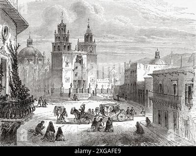 Plaza Mayor et bâtiment de la cathédrale, Guanajuato. Mexique, dessin d'Adolphe Rouargue (1810-1870) voyage au Mexique, 1854-1855 d'Ernest Vigneaux. Le Tour du monde 1862 Banque D'Images