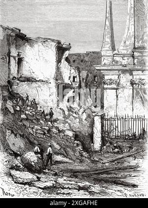 Ruines de Torre del Greco Naples, suite à l'éruption volcanique du Vésuve 8 décembre 1861, Naples. Italie, dessin d'Edouard Riou (1833 - 1900) balade autour de Naples, 1862 de Marc Monnier (1827-1885) le Tour du monde 1862 Banque D'Images